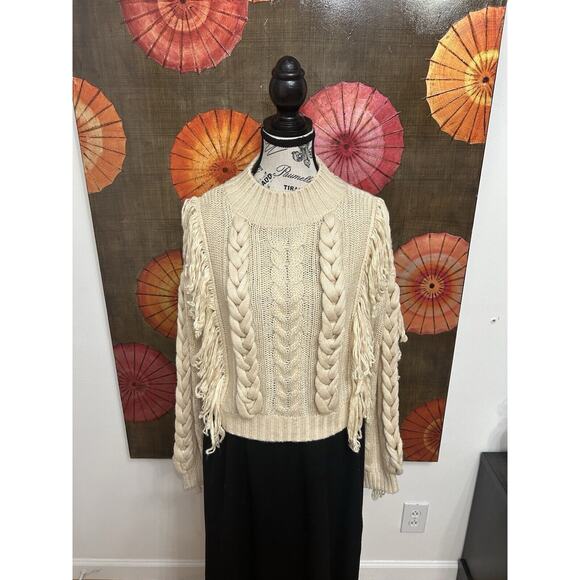 525 America Cable Fringe Pullover in Cream Chunky Knit Cottagecore Minimalist XS - Picture 1 of 6
